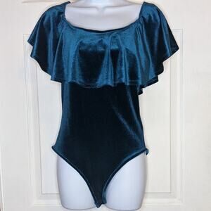 Forever 21 Blue Green Velour Velvet Off Shoulder Ruffle Trim Bodysuit M